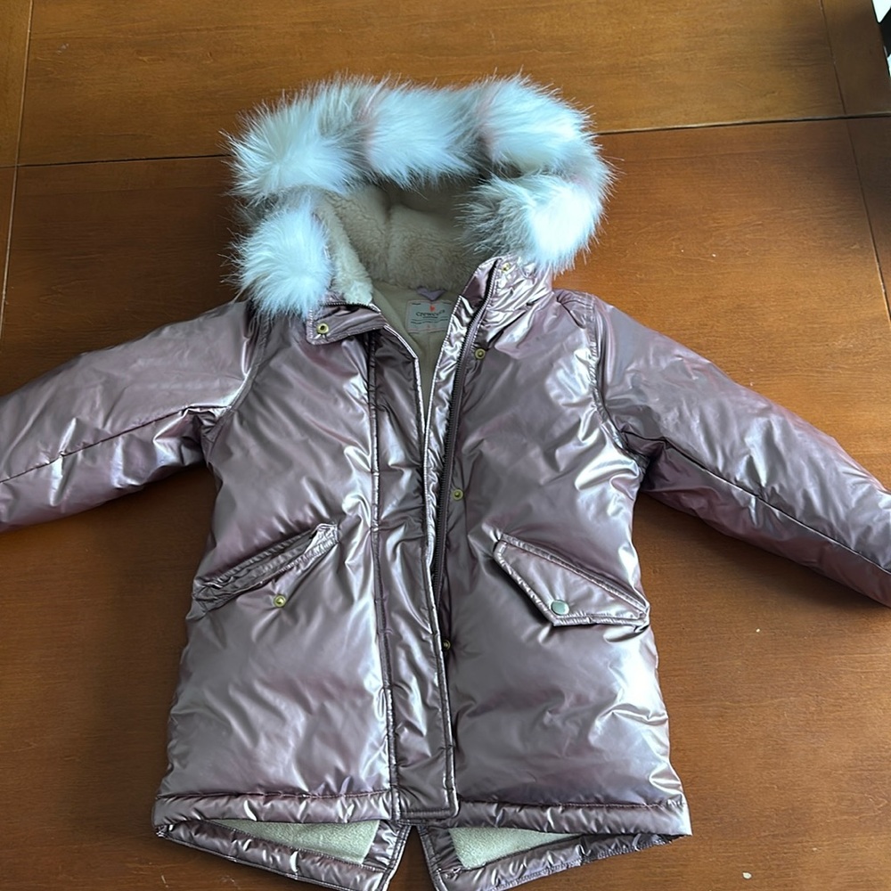 Girls metallic rose gold winter coat with hood size S by Crewcuts